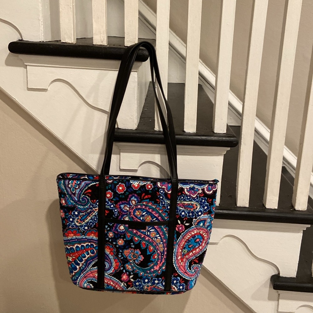 VERA BRADY FLORAL Parisian paisley TOTE WITH Blk LEATHER STRAPS 14in strap - Picture 3 of 12